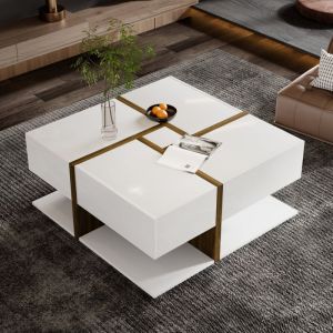 Wishdor - Table basse blanche d'interieur 78 x 78 x 34.8 cm avec 4 tiroirs - espace de rangement en bas