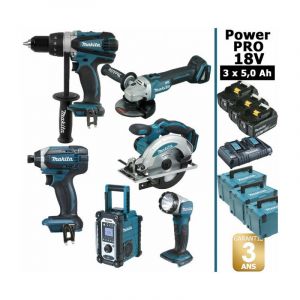 Makita Pack Power PRO 6 outils 18V: Perceuse DDF458 + Visseuse à choc DTD152 + Meuleuse DGA504 + Scie circulaire DSS610 + Radio DMR108...