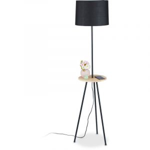 Relaxdays Lampadaire tr&eacute;pied avec table, HxD: 151 x 36 cm,; 3 pieds, abat-jour en tissu, prise E27, m&eacute;tal, bois, noir