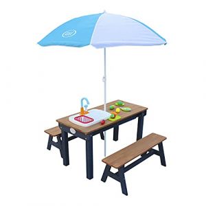 Axi Dennis Table Sable et Eau en Bois Marron & Anthracite | Table d'eau avec Couvercle, bo&icirc;tes de Rangement, Parasol & Jeu &eacute;vier de Cuisine | Table de Jeu Enfant &agrave; Eau pour Le Jardin