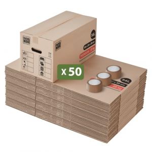 Image de Pack and Move - Lot 50 Cartons Déménagement Premium - 60 X 30 X 30 Cm - Extrême Résistance 30 KG - Réutilisables - Double Épaisseur - Poignées Renforcées - 3 Adhésifs Offerts