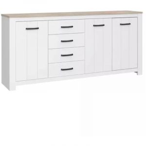 Buffet 206 cm 3 portes 4 tiroirs blanc mat décor bois clair - LEANE