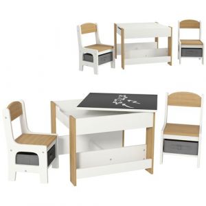 Ensemble 3 pièces table 2 chaises enfant - plateau table réversible tableau noir - rangement - étagères