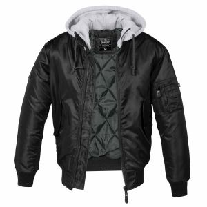 Brandit Veste À Capuche Chaude MA1 Homme Bomber Noir/Gris XXL, 100% Nylon,