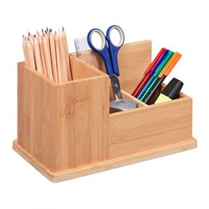 Image de Relaxdays Pot à Crayons en Bambou, Organiseur de Bureau, 3 Compartiments, H x L x P : 14 x 24,5 x 14 cm, Nature