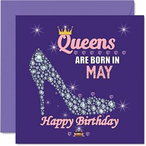 Stuff4 Cartes d'anniversaire pour femme – Queens Are Born In May – Cartes d'anniversaire pour femme, petite amie, maman, fille, sœur, grand-mère, tante, grand-mère, amie, 145 mm x 145 mm