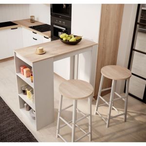 Muebles Bonitos - Table haute avec 2 Tabourets 110x103x50cm Bar de cuisine avec étagères Modèle Kyra Blanc e Sonoma