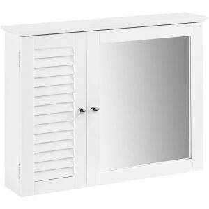 Sobuy BZR55-W Meuble Haut de Salle de Bain Armoire Suspendue avec Porte Miroir Commode Meuble de Rangement Mural 65x15x49 cm