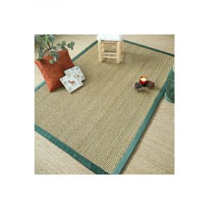 Image de Décoweb Dcoweb - Tapis Jonc de mer Assam chevron - Ganse lin vert sapin - 80 x 150 cm