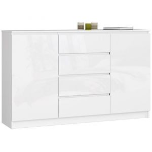 Grande Commode pour le salon Akord K160 Blanche 160 cm 2 portes 4 tiroirs fa&ccedil;ade Blanche Brillante 4 &eacute;tag&egrave;res 160x40x99 cm