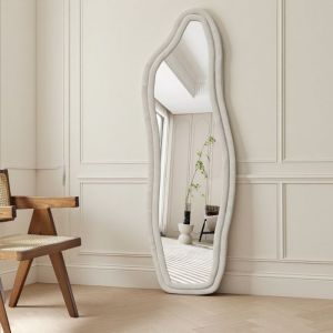 Miroir sur Pied - 140x45 cm - Velours - Forme Asym&eacute;trique - Blanc