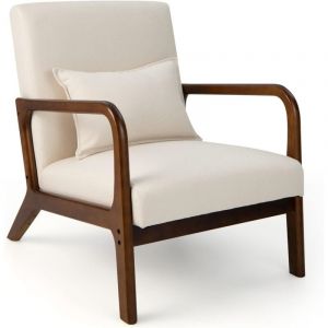 COSTWAY Fauteuil de Salon 1 Place, Fauteuil Relax Rembourré avec Coussin Lombaire, Cadre en Bois Massif de Caoutchouc & Patins Antidérapants,