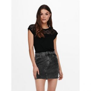 Only Top Col rond Manches courtes Détail en dentelle noir