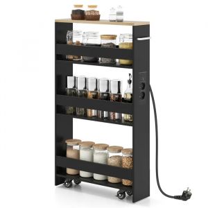 Chariot de Cuisine &Eacute;troit 13 CM COSTWAY &agrave; 4 &Eacute;tag&egrave;res, Station de Recharge, Roues Verrouillables, Garde-Corps, Noir et Naturel