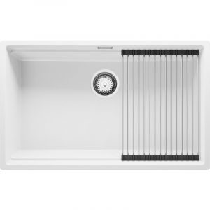 Evier Cuisine en Granit 76x47 cm Lavabo 1 bac + Siphon Classique + égouttoir enroulable, Évier sous plan de Primagran Blanc - white