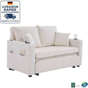 MODFU - Canap&eacute; convertible 2 places, canap&eacute; droit, 4 coussins, dossier r&eacute;glable 90&deg;/180&deg;, port USB + porte-gobelet, salon/chambre, beige