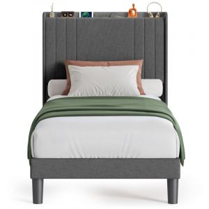 Lit Simple Capitonn&eacute; 90 x 200 cm avec Prise et T&ecirc;te de Lit LED R&eacute;glable Rangement Bealife Sommier &agrave; Lattes Tissu en Lin Lit Enfant Adolescent Gris