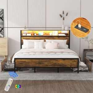 Image de Lit adulte avec 4 tiroirs,sommier &agrave; lattes, t&ecirc;te de lit led avec chargement usb et fonction rangement, MDF+m&eacute;tal, marron 140x200cm