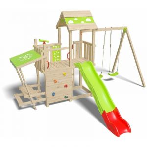 Trigano Aire de jeux bois - ZESTY XPRESSION - Bac à sable, toboggan, balançoire, mur d'escalade - 12 enfants