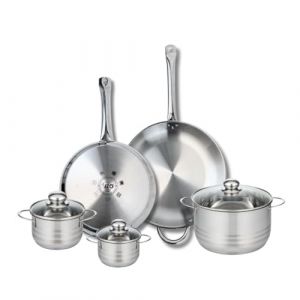 Fackelmann ELO 9883050 Batterie de cuisine 5 pièces, Ensemble de 2 Poêles de cuisson 28 et 32 cm et 3 faitouts 12, 14 et 20 cm Elo Profi Brillant, inox, induction