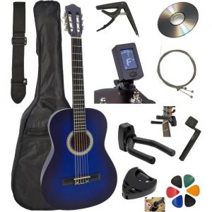 AMROVA Pack Guitare Classique 4/4 (Adulte) 10 Accessoires Cour Vid&eacute;o et CD (Bleu Droitier)