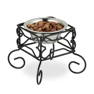 Relaxdays Gamelle pour Chien, Support sur&eacute;lev&eacute;, 300 ML, Fer & Acier Inoxydable, HxLxP: 15,5x18x18 cm, Noir-argent&eacute;