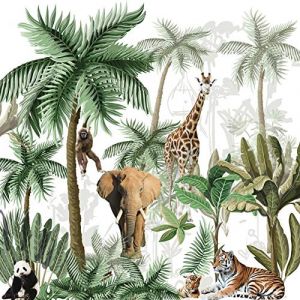 Plage Papier peint panoramique intissé, photo des animaux de la jungle, dans une illustraion de la forêt tropicale, chambre d'enfant, 250 cm X 250 cm - Vert