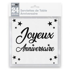 Serviette de table Joyeux Anniversaire noire et argentée métallisée (x24) REF/STAM00N
