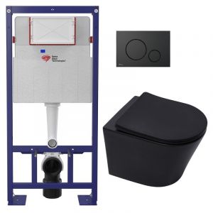 Swiss Aqua Technologies Pack WC bâti-autoportant + WC sans bride SAT Infinitio + Abattant SoftClose + Plaque noir mat