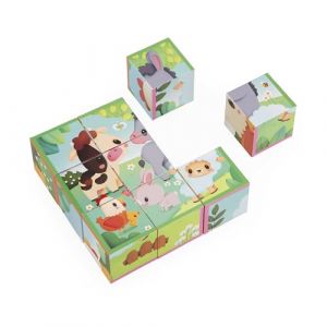 Janod Puzzle Cubes Enfant et Bébé en Carton - Thème Ferme - 9 Cubes et 6 Puzzles Possibles - Jouet d'Eveil et Premier Age - Apprentissage Motricité Fine - Peinture à l'eau - Dès 2 Ans, J03329