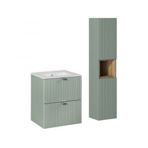 Ensemble meuble simple vasque encastrée 50cm 2 tiroirs et colonne Jade Vert et Bois