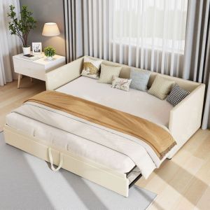 Canap&eacute; Lit Convertible - Velours Beige - 2 Places - 90x180 cm - Design Scandinave