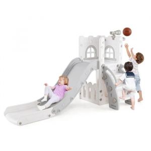 Toboggan 6 En 1 Costway Avec Panier De Basket Et Télescope, Marches Antidérapantes, Cadeaux Pour Garçons Et Filles Gris
