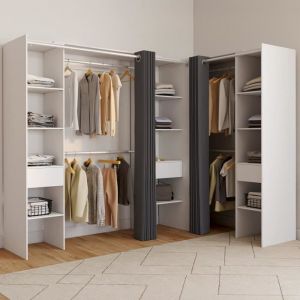 Idmarket Dressing extensible d'angle MARLON 230 x 140 x 180 cm blanc avec penderies + &eacute;tag&egrave;res + rideaux gris
