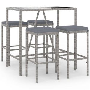 VidaXL Ensemble table haute de jardin et tabourets en acier et rotin synthétique gris avec coussins gris foncé