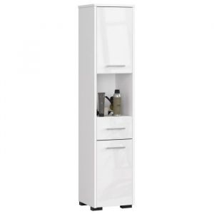 Colonne salle de bains Akord fin Blanche 30 cm 2 portes 1 tiroir façade Blanche Brillante 5 étagères 30x30x140 cm