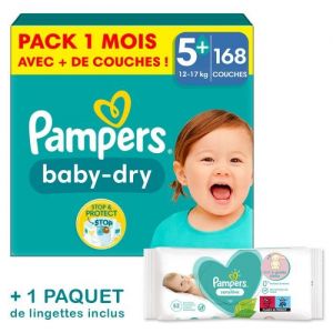 Pampers Couche Baby-Dry Taille 5+ - Pack 1 Mois 168 Couches