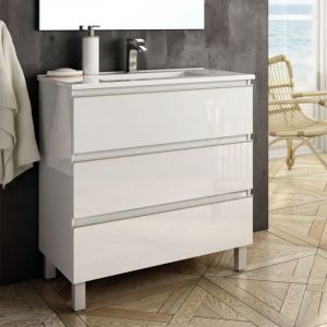 Meuble de salle de bain 100cm simple vasque - 3 tiroirs - sans miroir - blanc - palma
