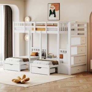 Modfu - Lit superposé enfant 90x200cm, 3 positions, sans matelas, en bois, escalier avec rangement, blanc