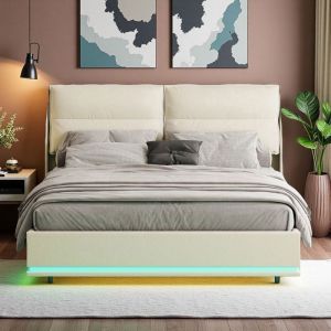 Lit coffre 140x200 - Tissu velours anti-tache - M&eacute;canisme hydraulique silencieux - LED RGB programmable