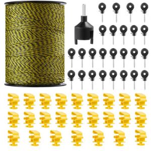VEVOR Fil de Clôture Électrique, 500 m, Corde en Fibre PEHD Tissée et 6 Brins de Fil Acier Inox, Diamètre 3 mm, avec 25 Isolateurs de Clôture, 25 Isolateurs de Poteau T, pour Chevaux, Bovins, Bétail