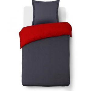 Vision Parure de couette bicolore 100% coton - 1 housse de couette 140 x 200 cm et 1 taie d'oreiller 65 x 65 cm - Gris et rouge