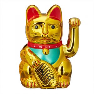 Relaxdays 3er Set Maneki Neko Winkekatze Gold, Glückskatze groß, winkende Katze China, Glücksbringer Figur, HxBxT: 16 x 10 x 8 cm