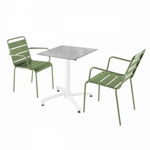 Oviala Ensemble table de jardin stratifié marbre et 2 fauteuils vert cactus