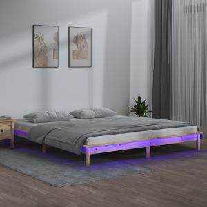 VidaXL Cadre de lit à LED 140x190 cm Bois massif - Brun