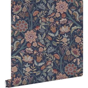 Estahome - papier peint fleurs vintage bleu fonc&eacute; et marron terracotta