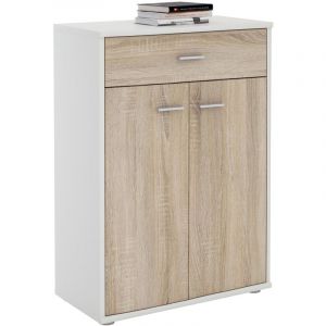 Idimex Buffet CALAIS, commode meuble de rangement avec 1 tiroir et 2 portes, en mélaminé blanc mat et décor chêne sonoma