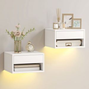 Homcom Lot de 2 tables de chevet suspendues - éclairage LED RGB contrôle par application - étagère, tiroir - 37x32x21cm - blanc