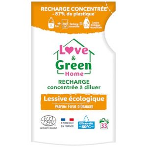 Love & Green Home Recharge concentrée à diluer de lessive écologique parfum fleur d'oranger. Certifiée Ecodétergent par Ecocert - Fabriquée en France - 500ml pour reconstituer 1,5L de lessive.