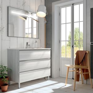 Meuble de salle de bain simple vasque - 3 tiroirs - hibernian (bois blanchi) - palma et miroir Led stam - 100cm